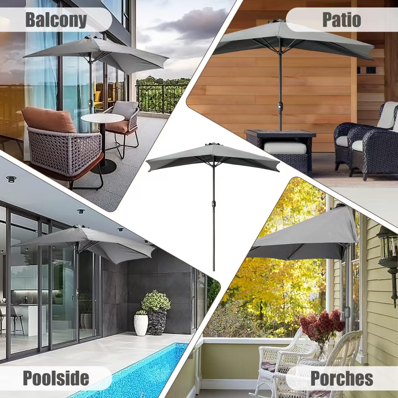 SONGBATE 9ft Steel Half Patio Umbrella with Crank Mechanism, UV- and Water-Resistant Fabric, Ideal for Backyard, Deck, and Garden Shade Solution with 5 Ribs (Carbon Gray)