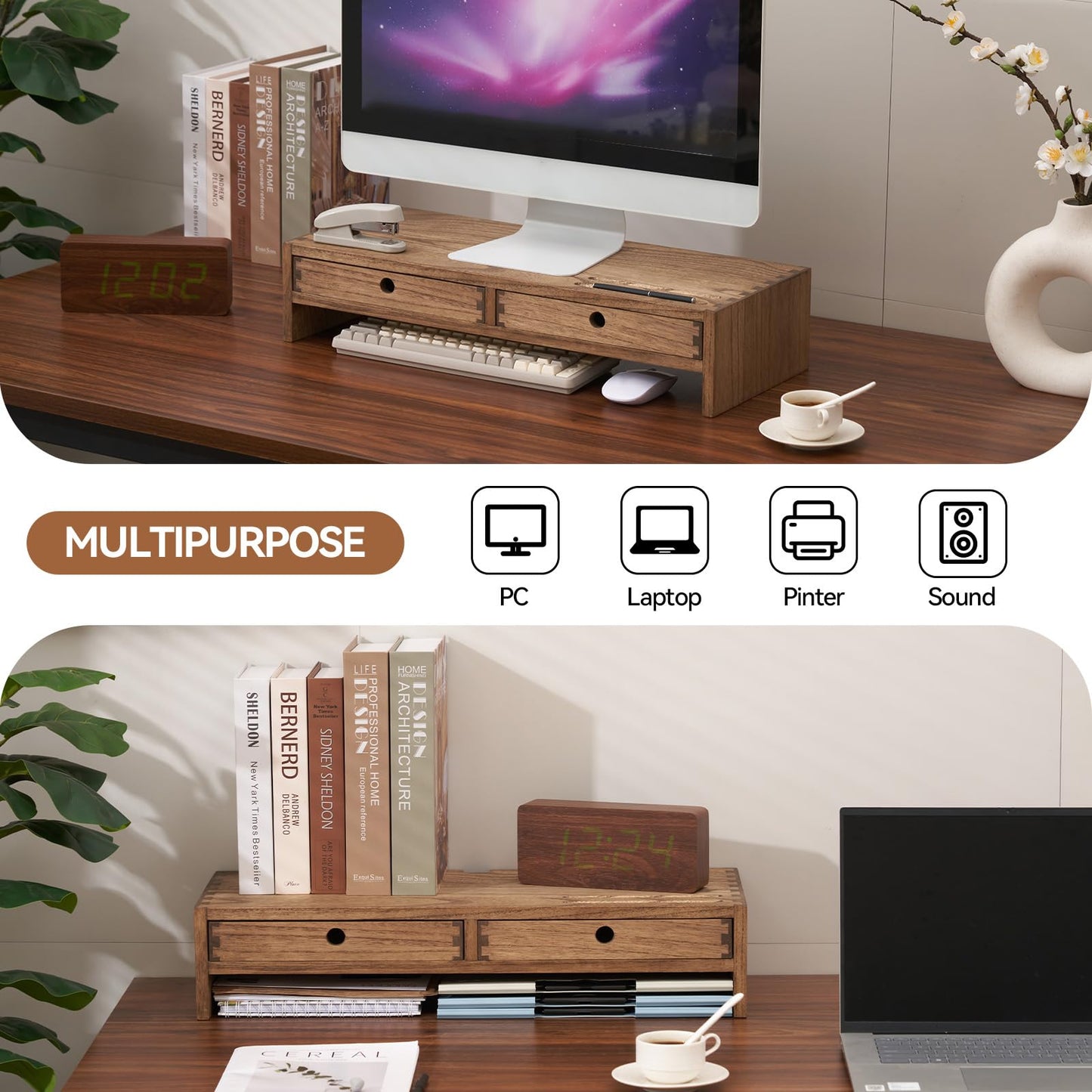 Kirigen Wood Monitor Stand with 2 Drawers - Computer Arm Riser Desk Storage Organizer,Speaker TV Laptop Printer Stand with Pen Slot and Cable Management,Dark Brown Desktop Shelf for Office DBR-2PMJ