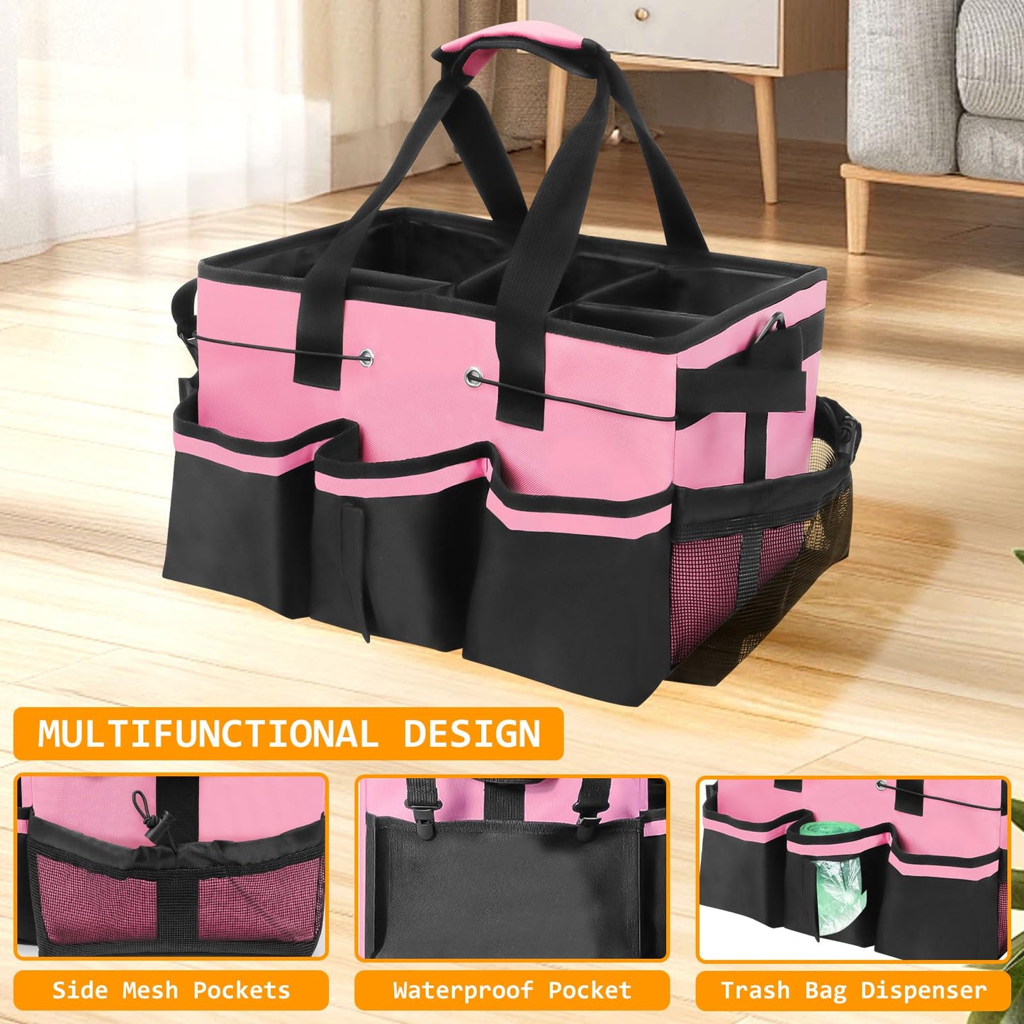 Cleaning Caddy Bag with Handle & Shoulder Straps, Large Cleaning Supplies Organizer Cleaning Tools Bag for Housekeeping and Cleaners Car Storage (Pink)