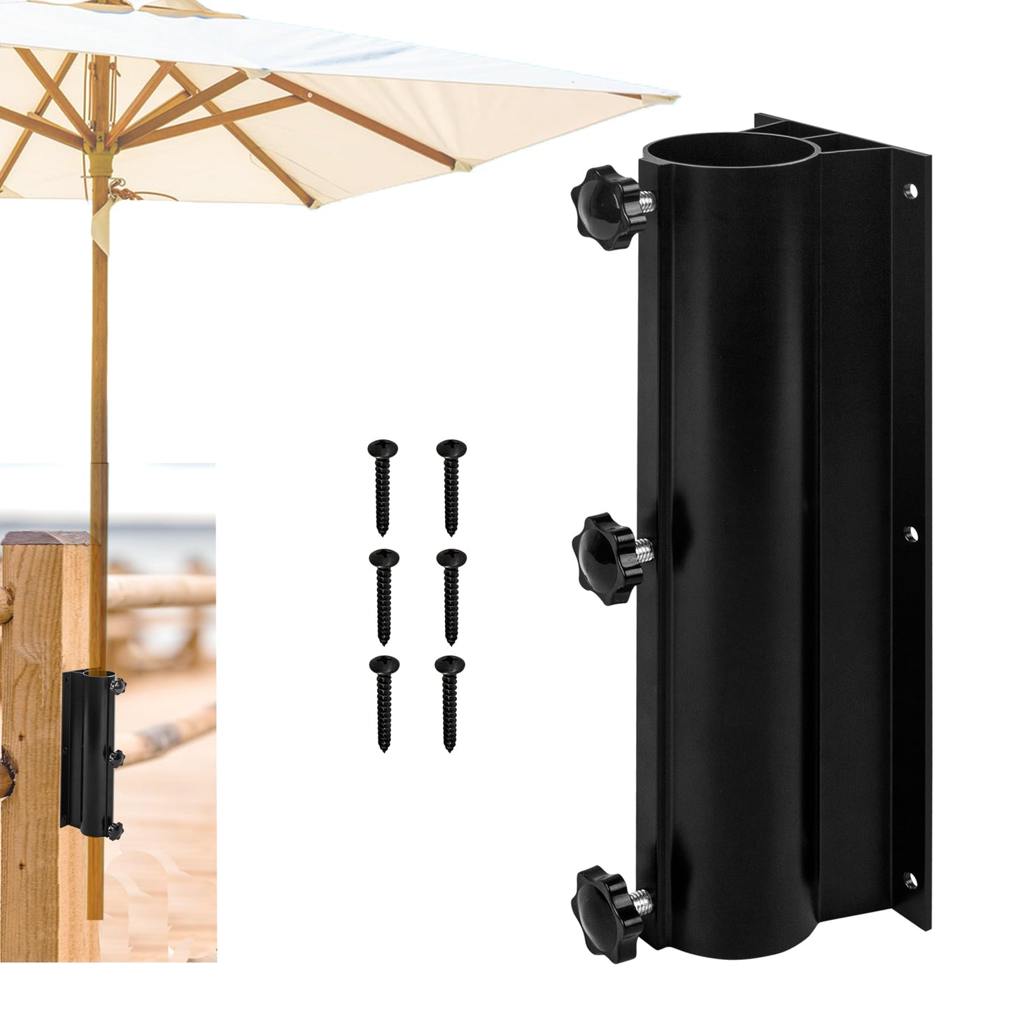Wdwlbsm Patio Umbrella Holder Adjustable Deck Umbrella Mount Holder, Hand-Turn Knobs Umbrella Clamp Mount Bracket for Patio Umbrella Attached to Deck Railing,Black