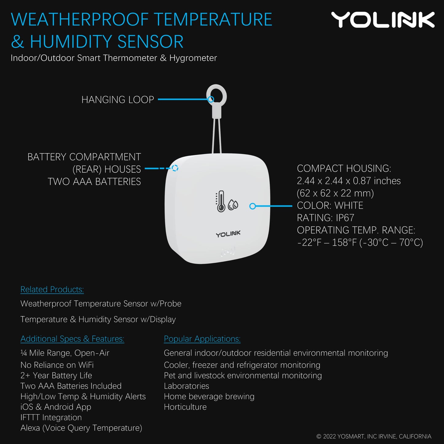 YoLink Smart Outdoor Temperature & Humidity Sensor, Hygrometer, Thermometer, 1000' Long Range, 2+ Years Battery Life, Remote Monitoring Alerts, Alexa, IFTTT Integration. Hub Required!