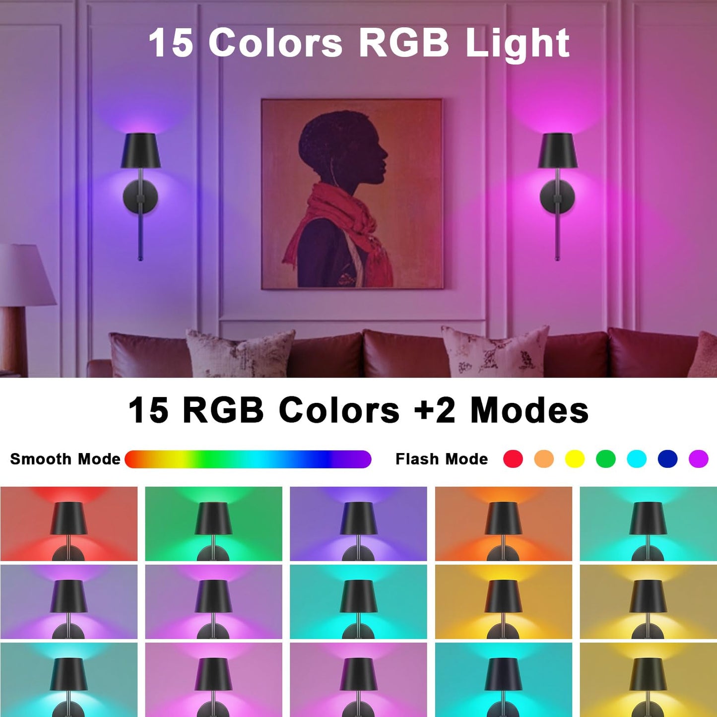 Lightess Battery Operated Wall Lights, 5200mAh Rechargeable Wall Sconces Set of Two with Remote Control, 15 Colors RGB Indoor Dimmable Wireless Wall Lamp for Living Room, Hallway, Bedroom, Black