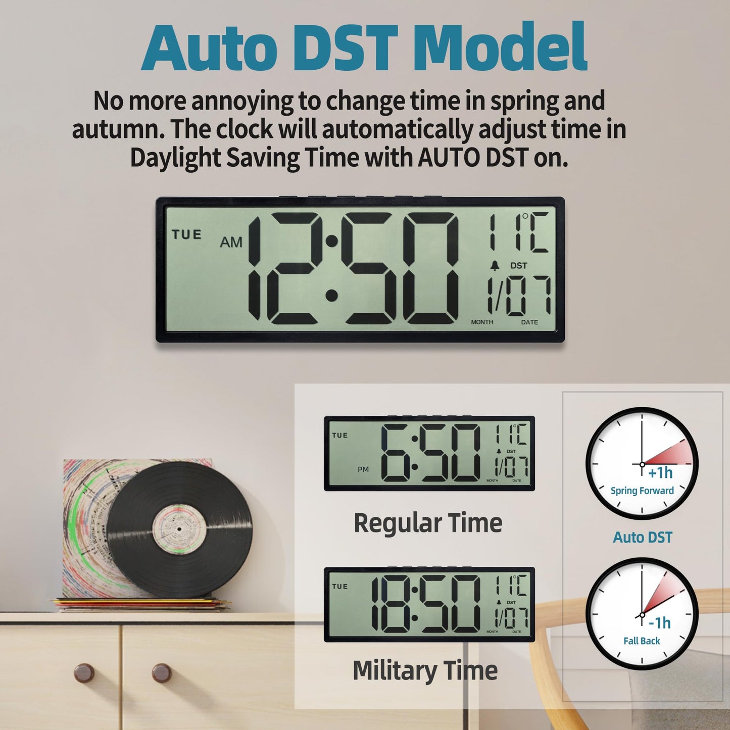 Henescribe Large Digital Wall Clock Battery Operated Black, Atomic Clock with Large Display Numbers, Calendar, Auto DST, Clocks for Living Room, Kitchen, Office, Bedroom