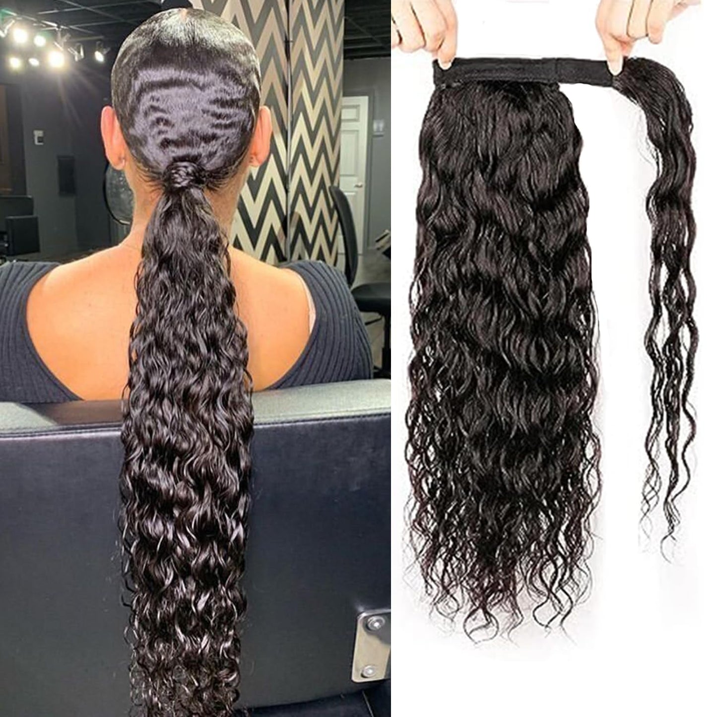 Seelaak Hair Water Wave Ponytail Extensions Human Hair Wrap Around Corn Wave Pony Magic Paste Brazilian Human Hair Extensions for Women Natural Black(22 inch)