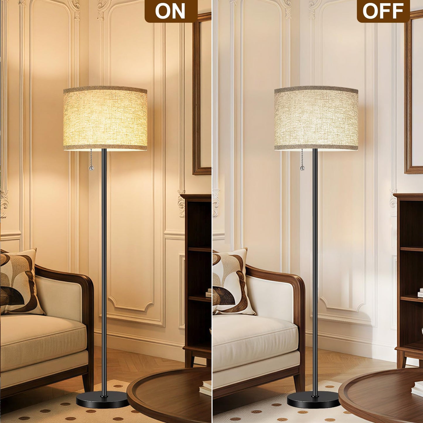 FUNNYBEHOM Floor Lamps for Living Room with 3 Color Temperatures Standing Lamp with Beige Linen Lampshade Tall Lamps for Bedroom Office, Reading, 9W LED Bulb Included, Black