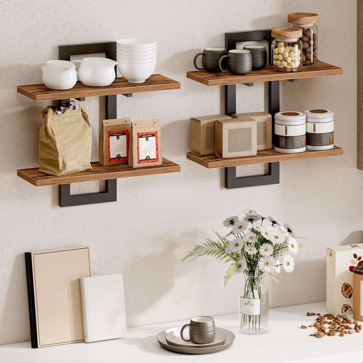 HOOBRO Floating Shelves, 38 cm Wall Shelf Set of 2, Wall Mounted Storage Shelves 2-Tier, Hanging Bathroom Shelves, for Living Room, Bedroom, Bathroom, Kitchen, Rustic Brown and Black BF32BJ01