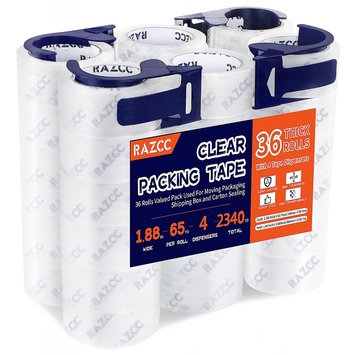 Packing Tape, RAZCC 36 Rolls Clear Heavy Duty Packaging Tape with Dispensers for Packing Shipping Moving Mailing, Thicker Sealing Tape - 1.88" x 65 Yard Per Roll, 2340 Total Yards