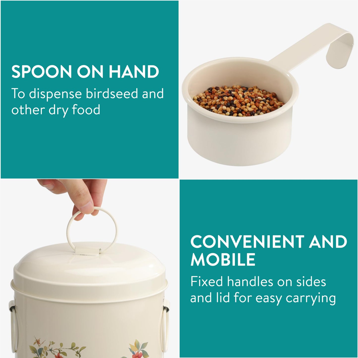 Navaris Bird Seed Storage Container - Metal Pet Food Box with Lid & Handles - Includes Handy Scoop - Outdoor Containers for Birdseed, Chicken Feed, & More - Cream with Bird Design