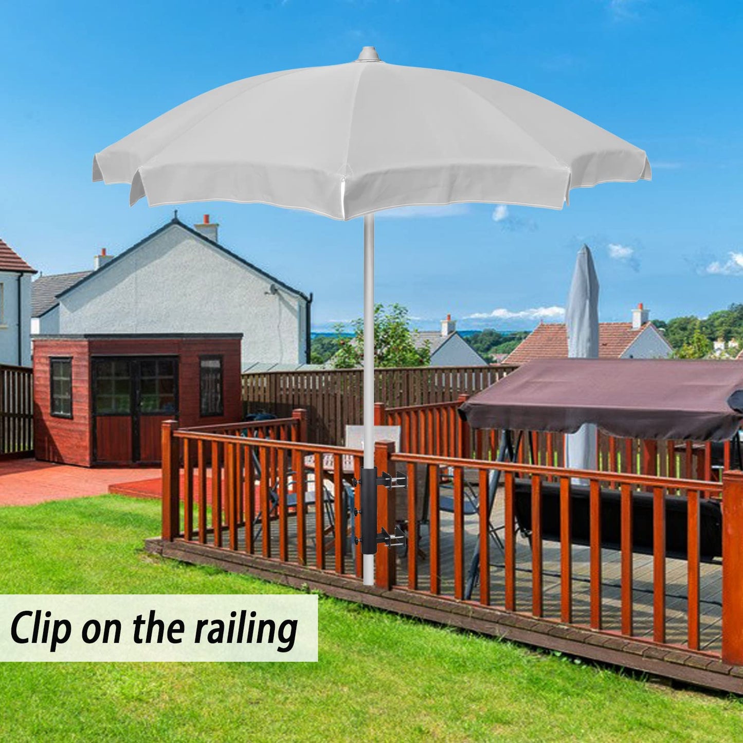 Patio Umbrella Holder, Heavy Duty Adjustable Metal Sun Umbrella Clamp Stand, Deck Umbrella Mount for Deck Railing,Outdoor Courtyard,Balcony