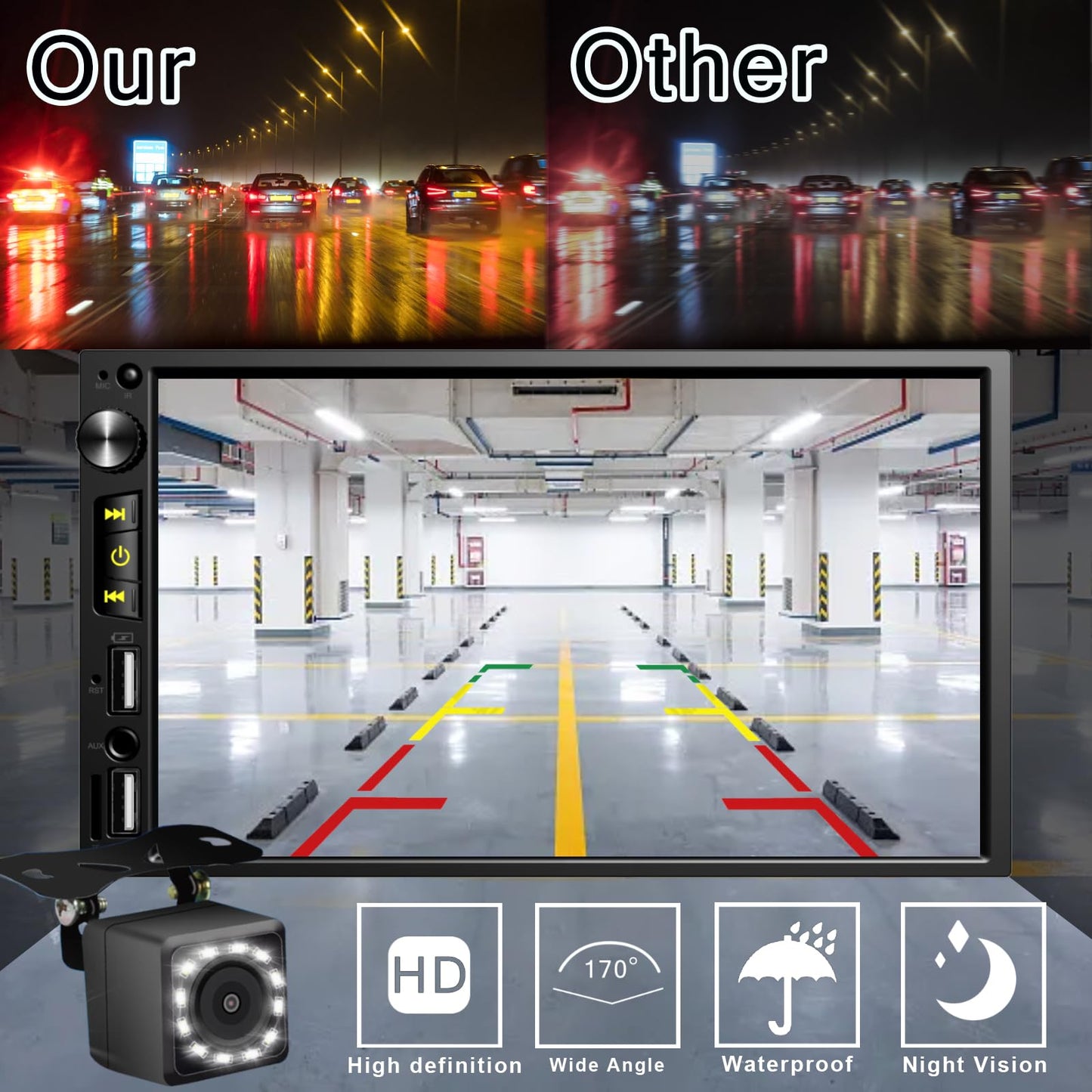 7" Dual Din Wireless Car Stereo with Apple Carplay, Bluetooth FM Car Radio, Car Backup Camera, HD 1024x600 Touchscreen, Mirror Display, Fit Your