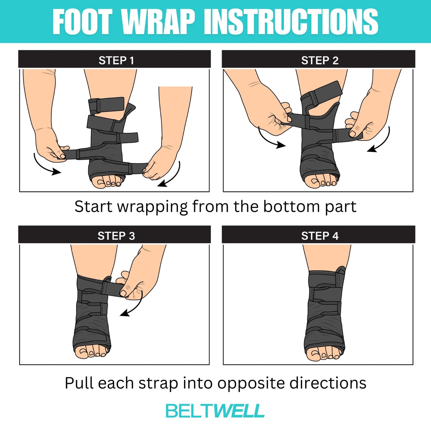 Beltwell® - Adjustable Foot & Ankle Compression Wraps For Edema, Lymphedema, Swelling, Neuropathy, Diabetic Foot Care, Circulation (2 Wraps) (Large) (Black, X-Large)