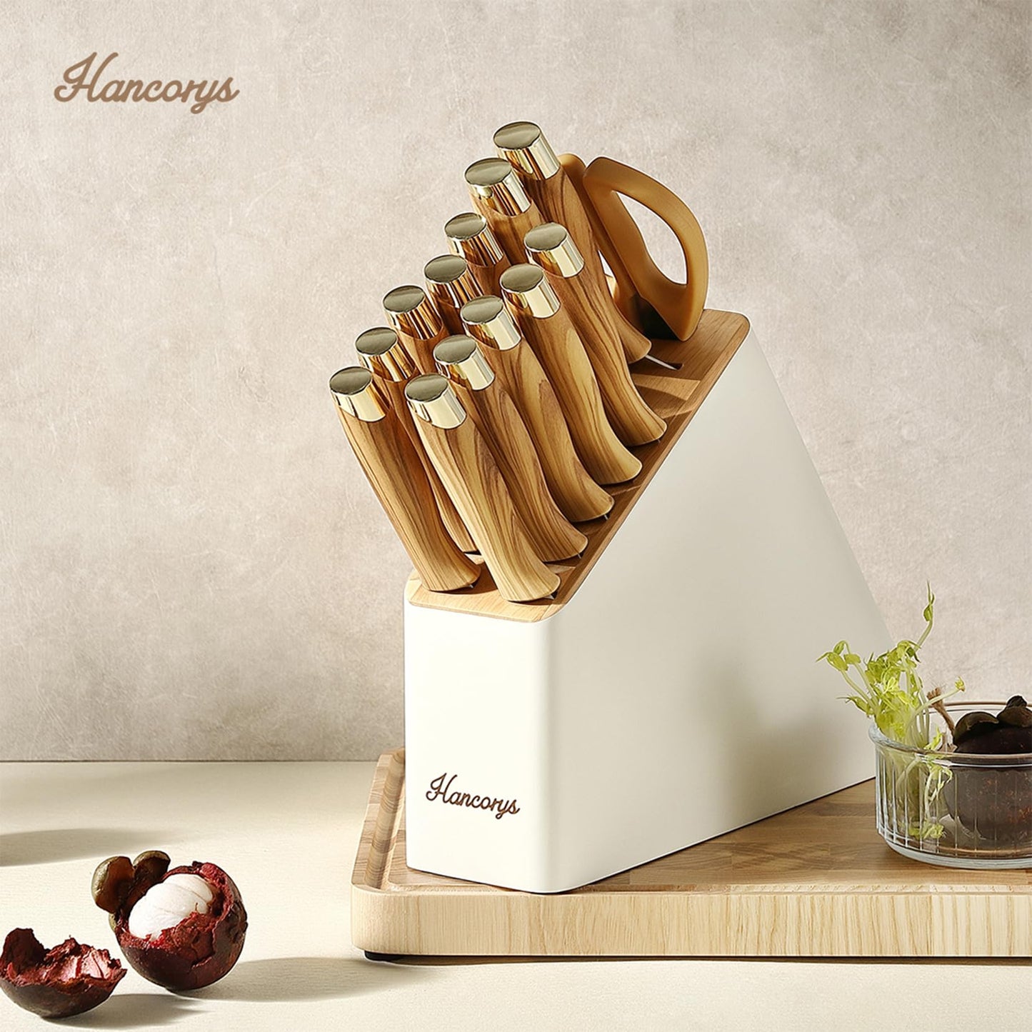 Hancorys Knife Set, 14 Pieces Kitchen Knives Set with Block and Gift Sharpener, High Carbon Stainless Steel and Ergonomic Handle Knife Block Set