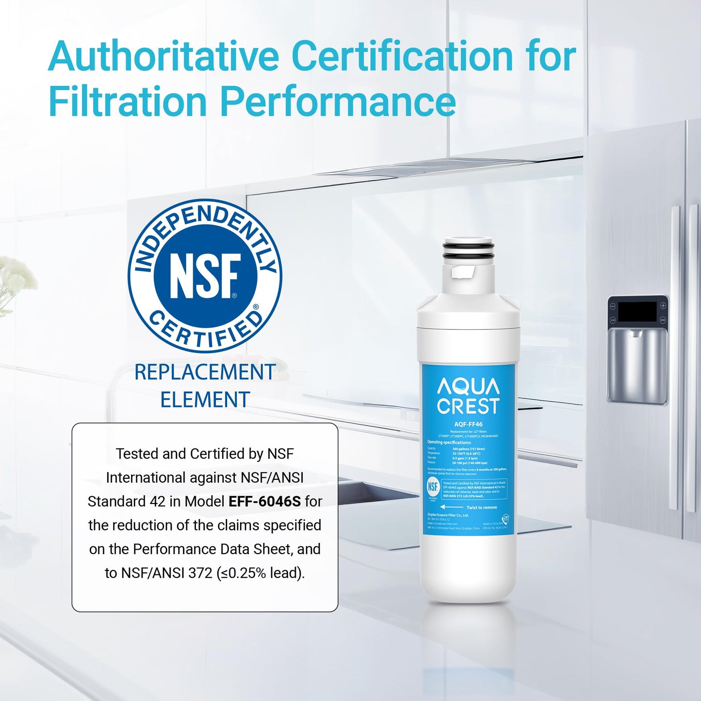 AQUA CREST LT1000PC ADQ747935 MDJ64844601 NSF Certified Refrigerator Water Filter and Air Filter, Replacement for LG® LT1000P®, LT1000PC, LT-1000PC and LT120F®, 4 Combo
