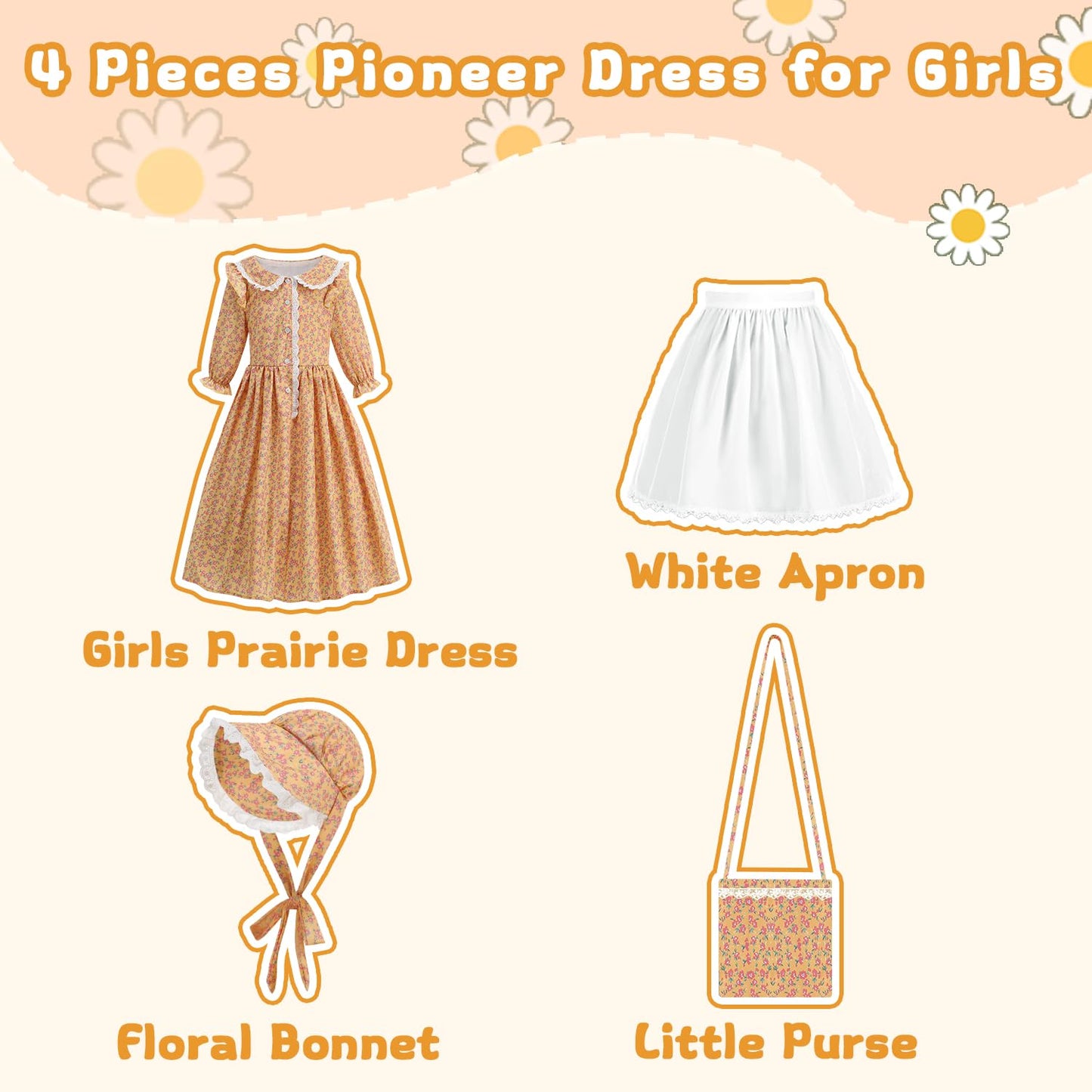 Aoiviss Girls Pioneer Costume Floral Colonial Prairie Dress for Little Kids with Apron and Bonnet, Yellow