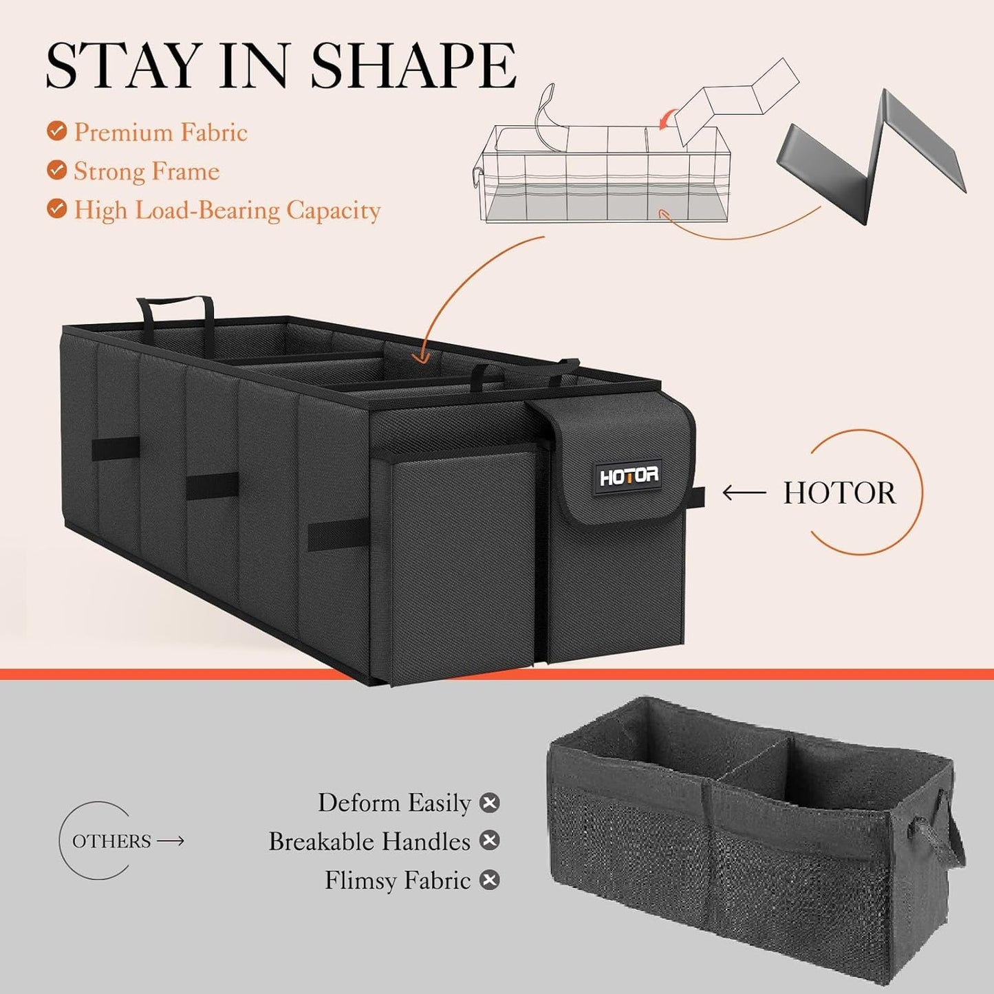 HOTOR Car Trunk Organizer for SUV - Large Car Organizer with Removable Car Cooler, 3 Compartments and 8 Pockets for Car Accessories, Foldable Design & Adjustable Straps, Black, 78.5 x 32.0 x 27.0 cm