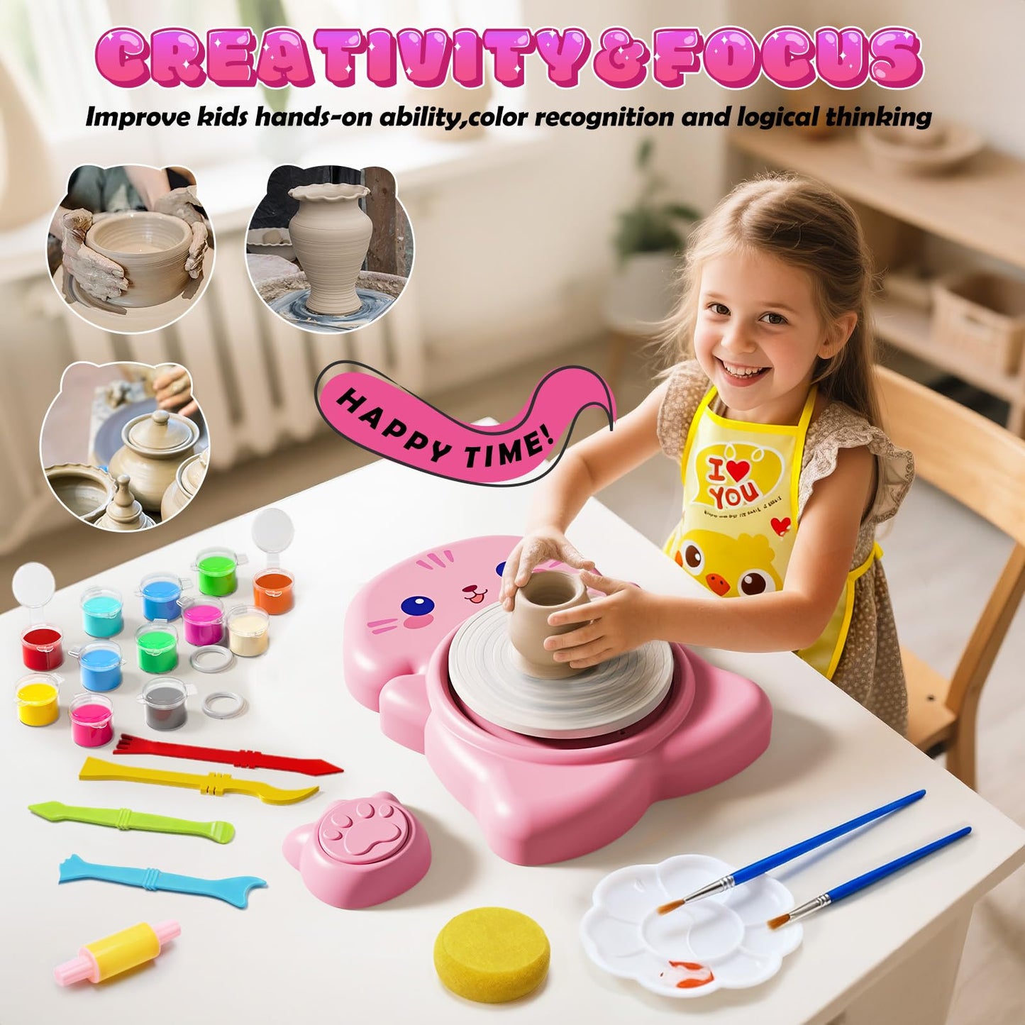 Skirfy Mini Pottery Wheel Kit for Beginners Kids,Electric Ceramic Wheel with Foot Pedal&Painting Kit, Adjustable Speed,Clay Spinner DIY Tools for Art Craft Birthday (Cat)
