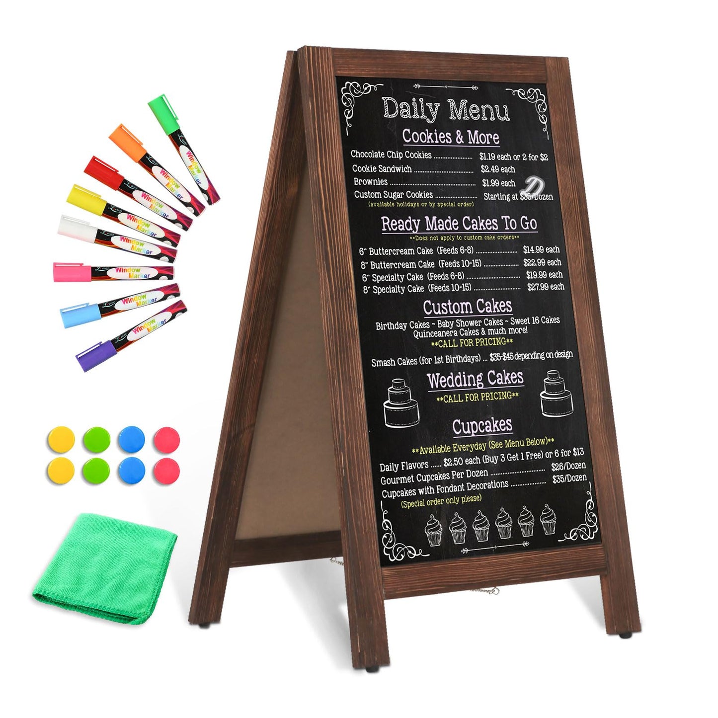 AMUSIGHT Wooden A-Frame Sign, Magnetic 40" x 20" Rustic Brown Chalk Board Sign Board, Double-Sided Sandwich Board Signs Outdoor, Chalkboard Easel, Menu Board for Restaurant, Business or Wedding