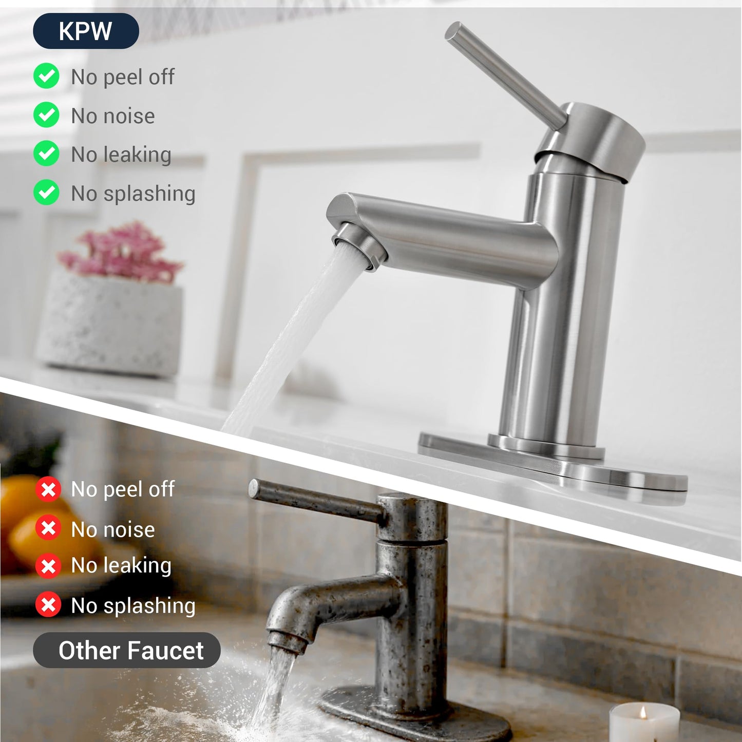 KPW Bathroom Faucets Lavatory Faucet Single Handle Brushed Nickel Stainless Steel Faucet Deck Mount 1 or 3 Hole with Deck and Pop-up Drain Water Supply Hoses