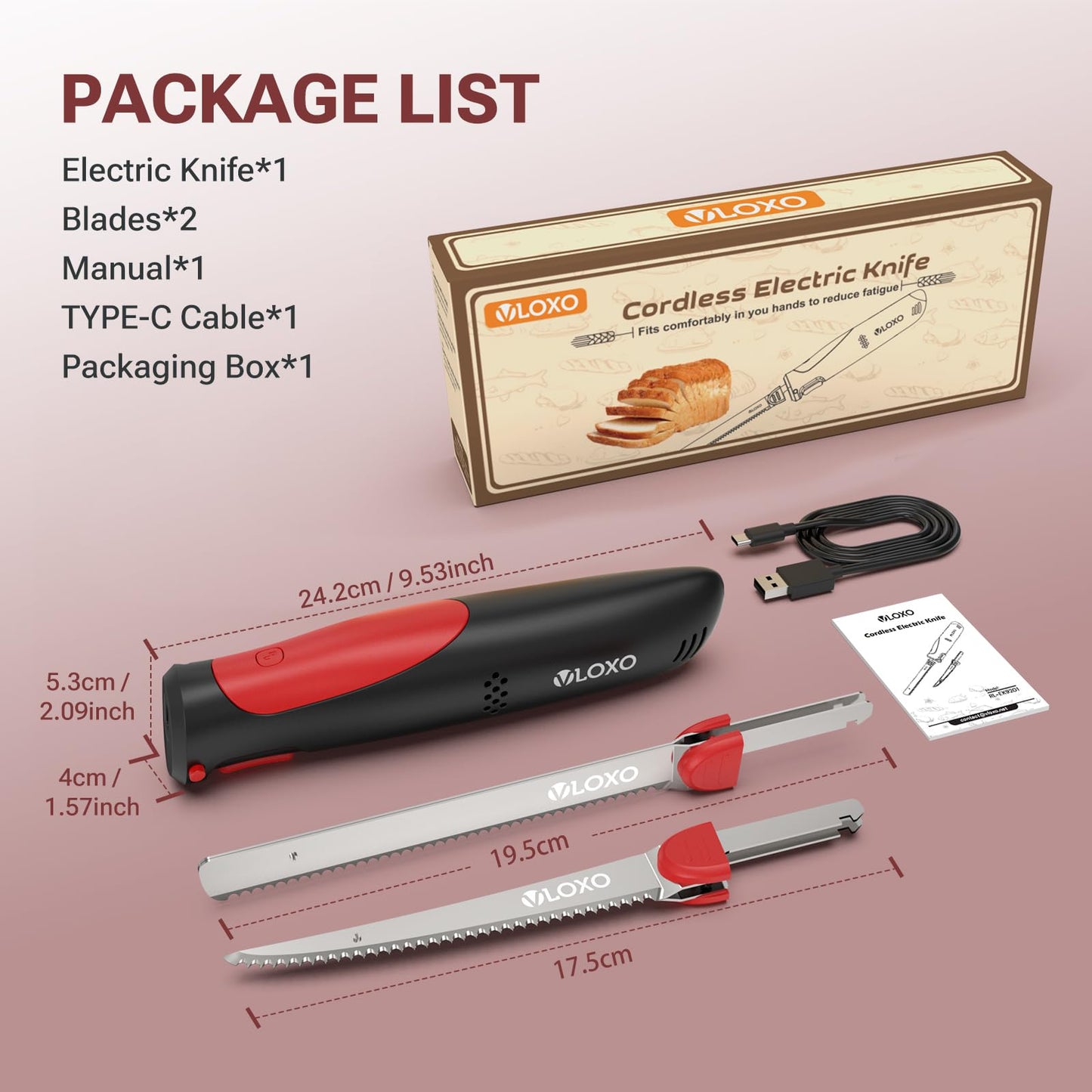 VLOXO Cordless Electric Knife for Bread and Meat Slicing, Rechargeable Electric Carving Knife with Safety Lock & 2 Reciprocating Blades, Ergonomic Anti-Slip Meat Cutter for Turkey, Fish Fillet, Steak