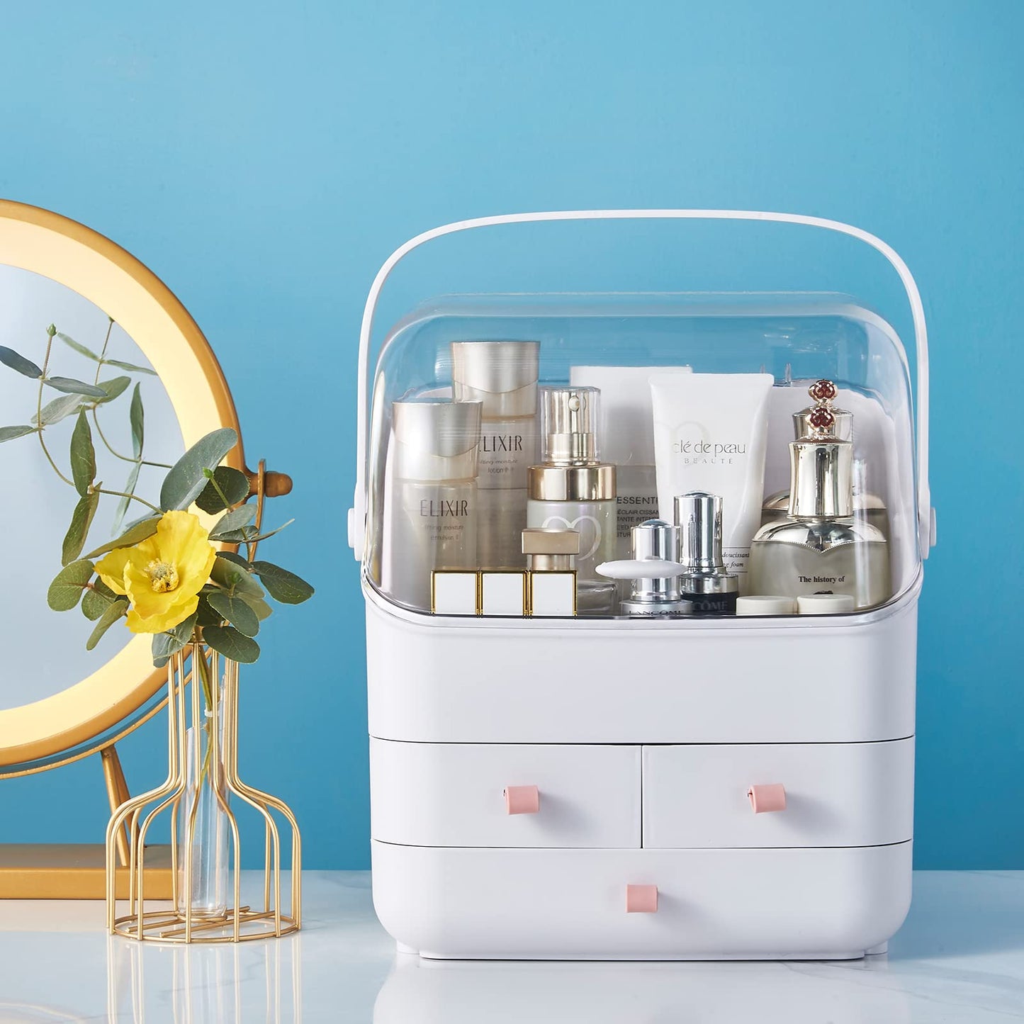 SUNFICON Makeup Organizer Cosmetic Storage Box Holder with Dust Free Cover Portable Handle,Fully Open Waterproof Lid, Dust Proof Drawers,Great for Bathroom Countertop Bedroom Dresser