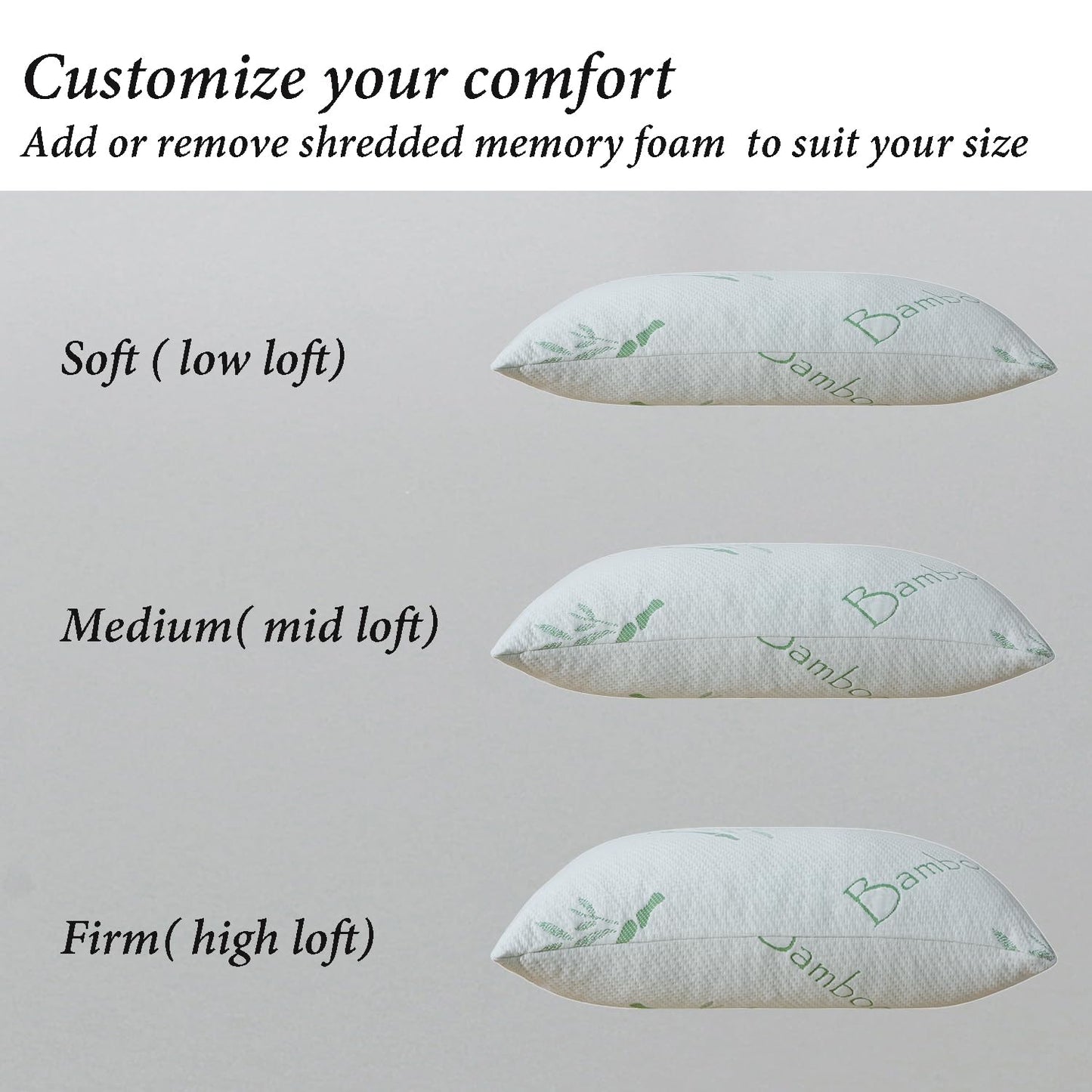 HOXXME Shredded Memory Foam Pillows for Sleeping, Cooling Bamboo Memory Foam Bed Pillow 2 Pack, Queen Size Firm Pillow Gel for Neck Support, Hotel Quality Bed Rest Pillow(Queen Set of 2)