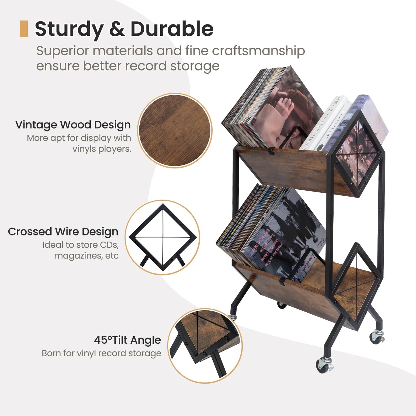 SwaaVee Vinyl Record Storage Holder, Record Holder 80-100 LP with Dividers, Retro Style Quick Assembly Vinyl Record Display for Albums, Magazine, Book, Files