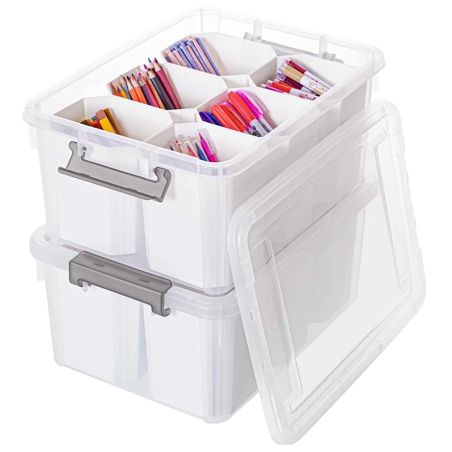 Citylife 17 QT Plastic Storage Bins with 6 Detachable Inserts Clear Storage Box with Lids Multipurpose Stackable Storage Containers for Organizing Crayon, Lego, Craft, 2 Packs