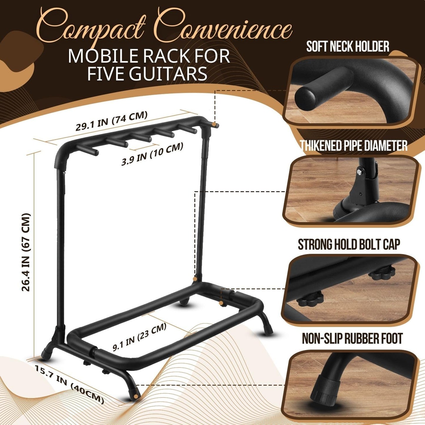 Flexzion 5 Guitar Stand Rack - Metal Construction Multi Guitar Rack & Guitar Organizer, Foldable 5 Guitar Holder Stand with Padded Foam Tubing for Electric, Acoustic, Classical Guitars & Basses