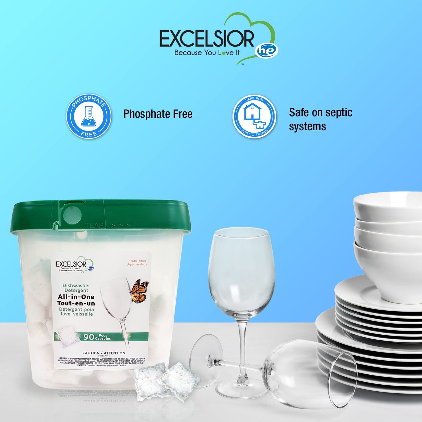 Excelsior HE All-In-One 90 Dishwasher Detergent Pods - Built-in Rinse Aid, Degreaser, Septic Safe Dishwasher Pods
