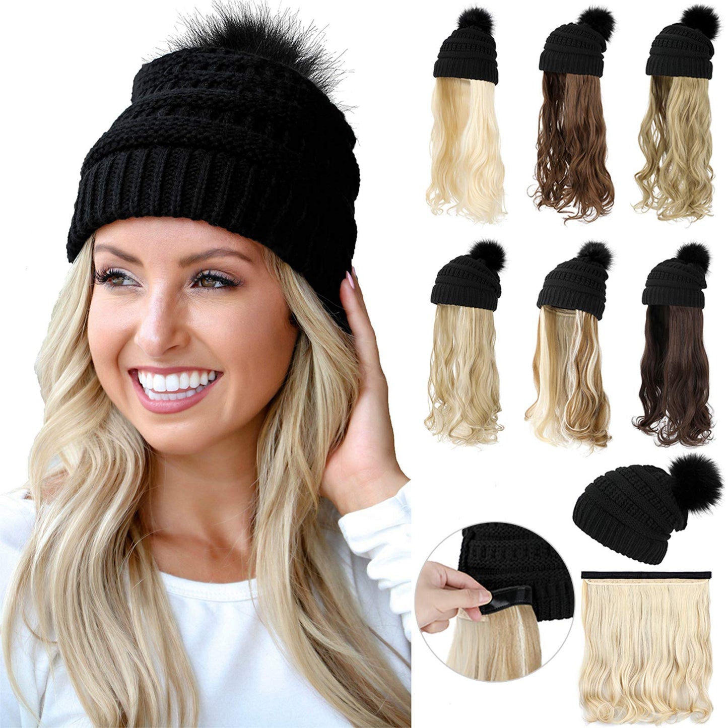 Qlenkay Beanie Hat Knit with Long Wavy Curly Hair Extensions Wig Dismountable Warm Knitted Pom Cap Attached 20inch Synthetic Hairpiece for Women Winter Ash Blonde Mix Bleach Blonde