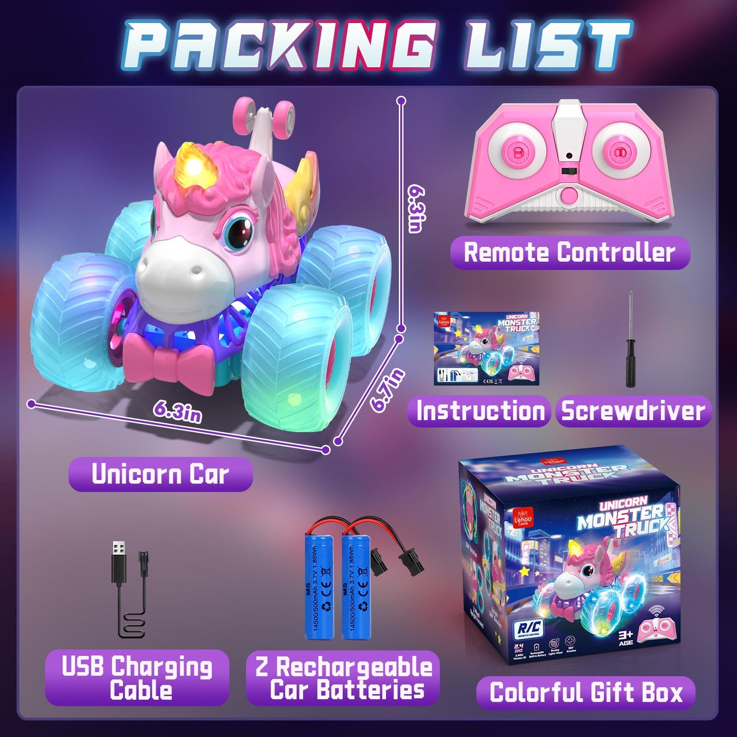 Lehoo Castle Remote Control Car for Girls 360° Rotating, Unicorn Monster Truck Toys with LED Lights, 4WD All Terrain RC Stunt Car Rechargeable, 2.4GHz RC Truck for 3 4 5 6 7 8 Girls Birthday Gift