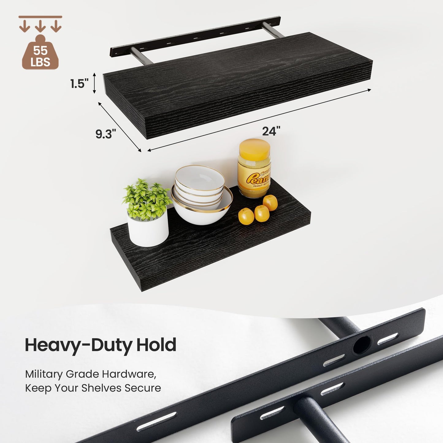 Vivelove 24” Floating Shelves Wall Mounted, 9 Inch Deep Shelves with Invisible Brackets, 60 cm Shelf 1.5” Thick for Bathroom, Bedroom, Living Room, Kitchen, Office, Home Decor, Set of 2, Black