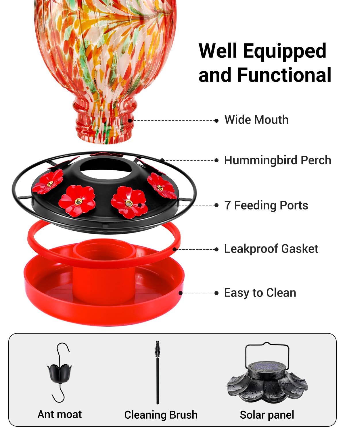 HouseSapp Solar Hummingbird Feeder - 49 fl.oz Hand Blown Glass Color Changing - 7 Feeding Ports with Perch - Never Leak - Perfect Hummingbird Feeder for Outdoors Hanging (Red)