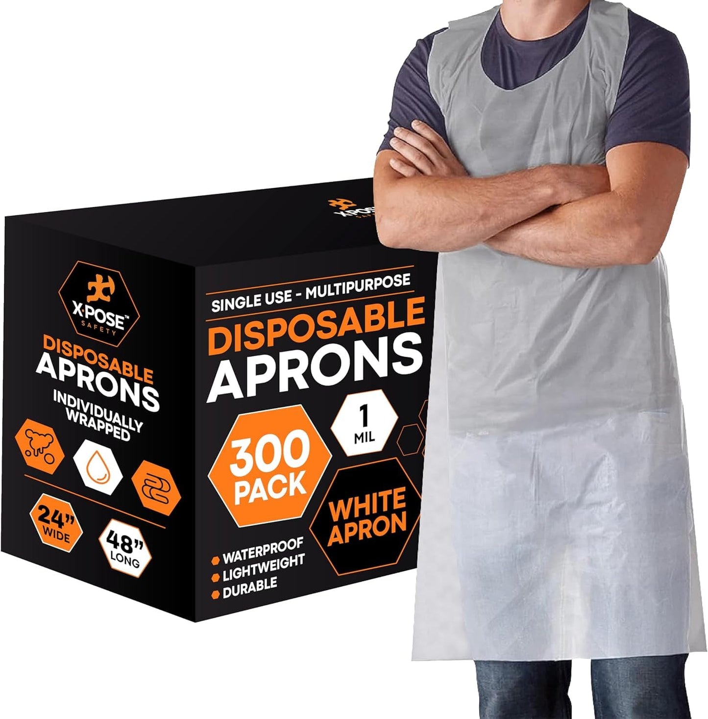 Xpose Safety 300 White Plastic Disposable Aprons for Cooking & more Individually Packaged, Durable 1 Mil Waterproof Polyethylene 24" x 48"