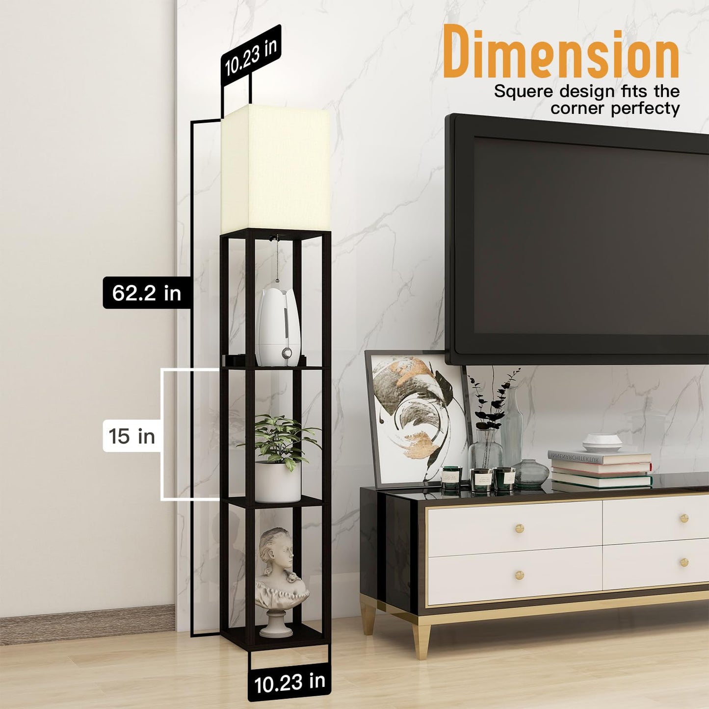 TABEVIO Floor Lamp with Shelves,Smart APP Control Standing Lamp with RGB Bulb with 2 USB Ports, 2 Power Outlet, Corner Lamp with Linen Shade for Living Room, Bedroom, Office