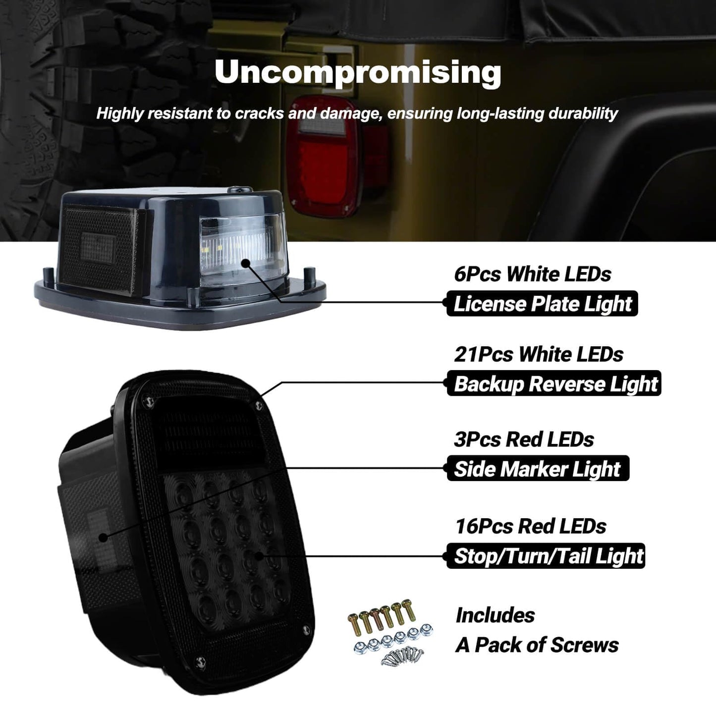 Smoked Square Rear Combination Tail Lights Lamps Assembly Replacement for 1979-2006 Wrangler TJ YJ CJ5 CJ7 with Passenger and Driver Side Marker Stop Turn Signal Brake Lights DOT Certified, 2Pcs
