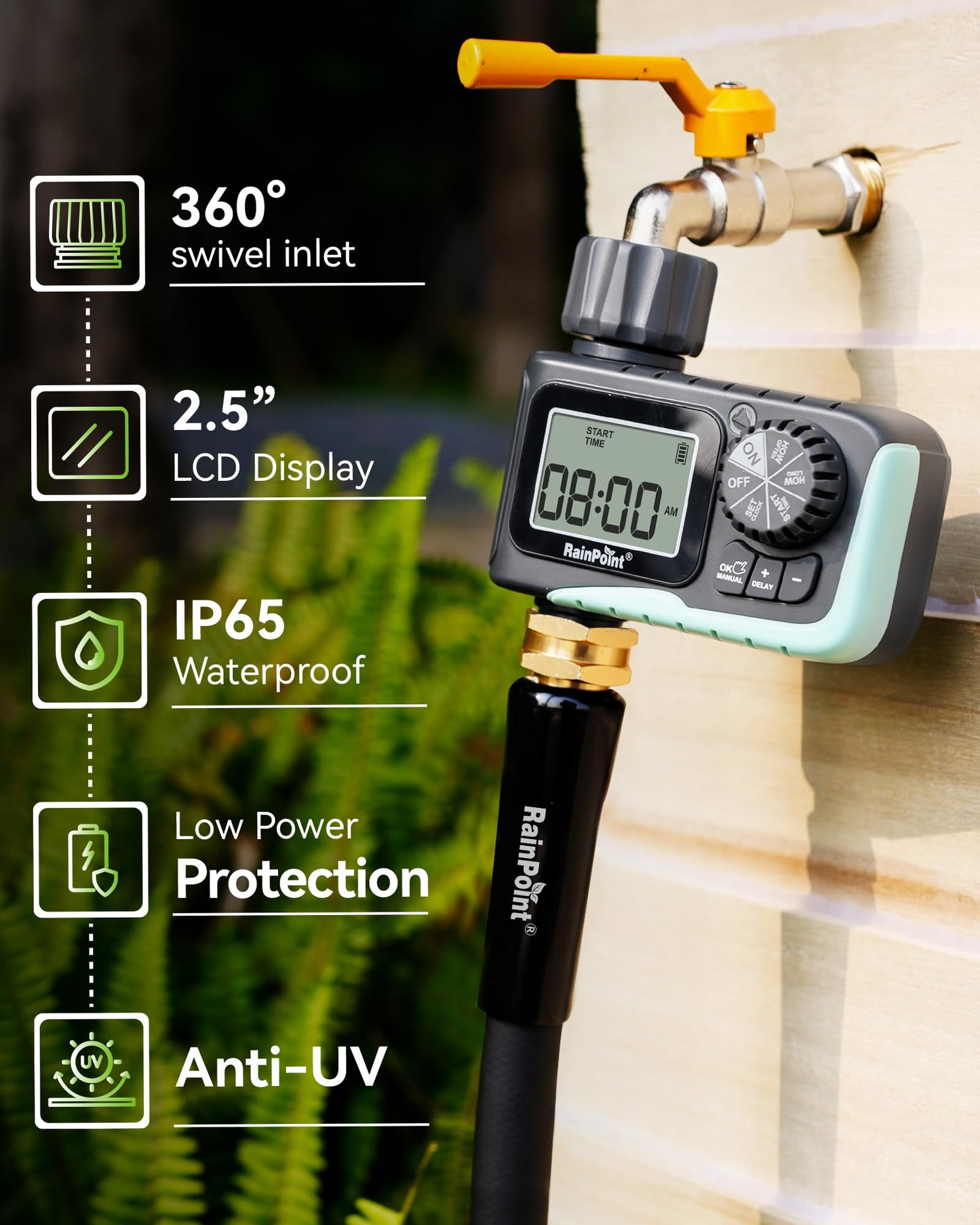 RAINPOINT Sprinkler Timer,Water Timer Programmable Garden Outdoor Hose Feature Timer with Rain Delay/Manual/Automatic Watering System,Waterproof Digital Irrigation Timer System for Lawns Pool,1 Outlet