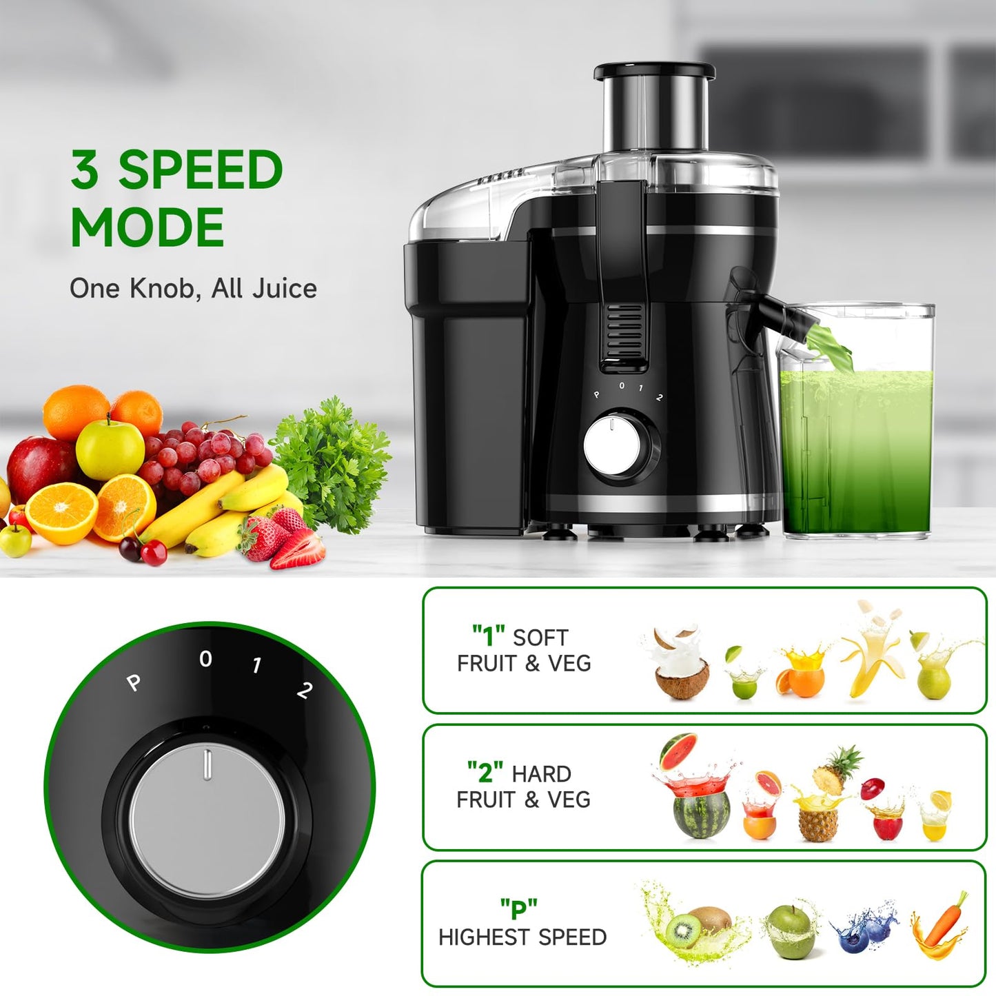 Juicer Machine, 500W Centrifugal Juicer Extractor with 3 Speed & Wide Mouth 3” Feed Chute for Fruit Vegetable, High Yield Juicer Included Cleaning Brush for Easy to Clean, Black