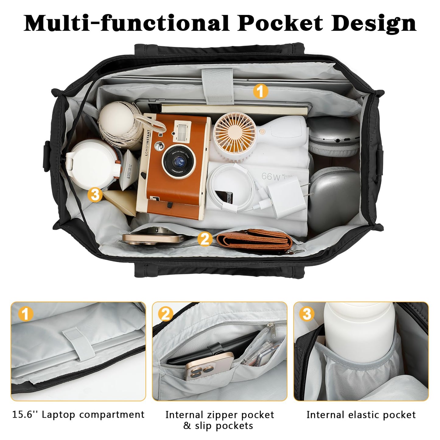 ZOMFELT Lunch Tote Bag for Women, 15.6 Inch Puffer Laptop Lunch Bag, Quilted Large Work Tote Bag with Insulated Lunch Compartment, Womens Lunch Bags for Work, Travel, Nurse, Teacher, Camping, Black