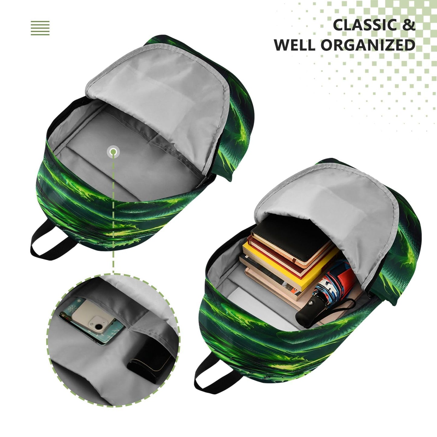 Green Fire Dragon Travel Backpack for Women Men Laptop Backpack College Bookbag Large Capacity Computer Backpacks for Work Travel, Green Fire Dragon, One Size