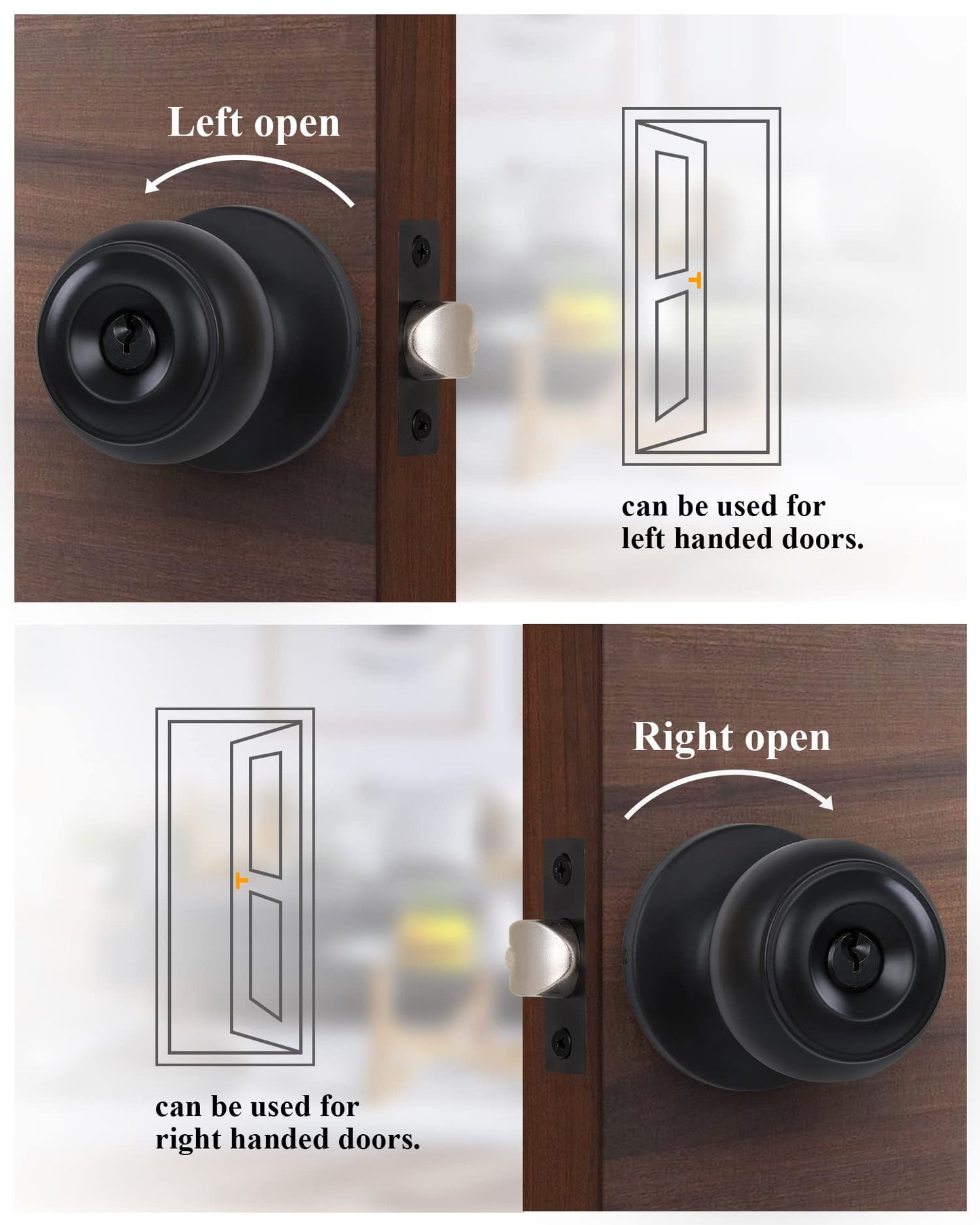 (2 Pack) Entry Door Knobs with Lock and Keyed Alike, Interior/Exterior Flat Ball Door Locks for Bedroom/Bathroom/Front/Offic Doors, Matte Black Finish