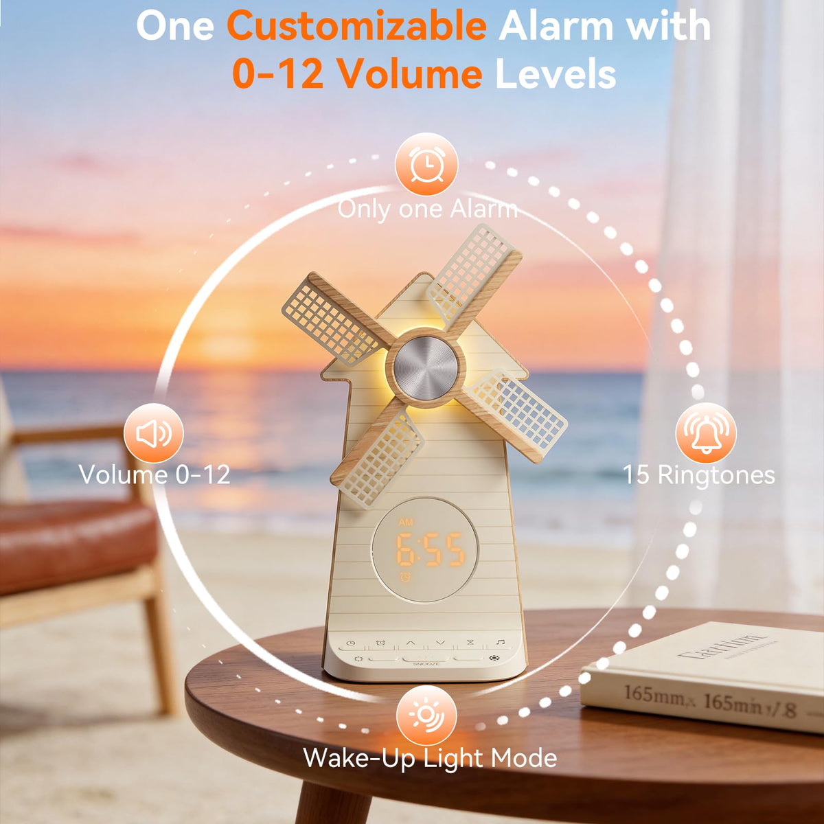 RETEYUNG Alarm Clock with Rotating Windmill,Sound Machine with Wake up Light,Snooze,10 Nature Sounds & 10 White Noises,15 Ringtones,USB Charging,4-Tier Dimmer,12 Volume,30/60/90 Timer for Kids Adults
