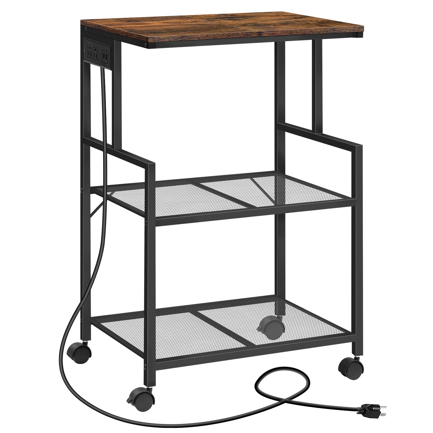MAHANCRIS Mobile Printer Stand, 3-Tier Industrial Rolling Printer Storage Cart with Power Outlets and 2 USB Ports, Printer Table with Wheels for Home Office, Living Room, Rustic Brown PTHR78E01