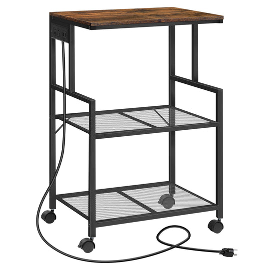MAHANCRIS Mobile Printer Stand, 3-Tier Industrial Rolling Printer Storage Cart with Power Outlets and 2 USB Ports, Printer Table with Wheels for Home Office, Living Room, Rustic Brown PTHR78E01