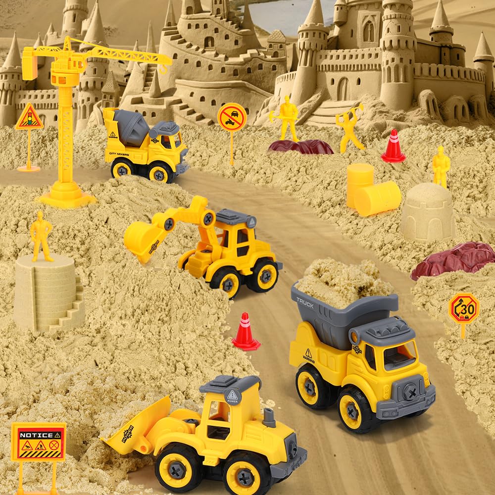 FRUSE Play Construction Sand Kit,Sand Box Toys Set w/1 KG Play Sand,4 Take Apart Construction Trucks,4 Castle Molds,Sandbox with Lid,Sensory Toys for Kisd Boys Girls Age 3-8