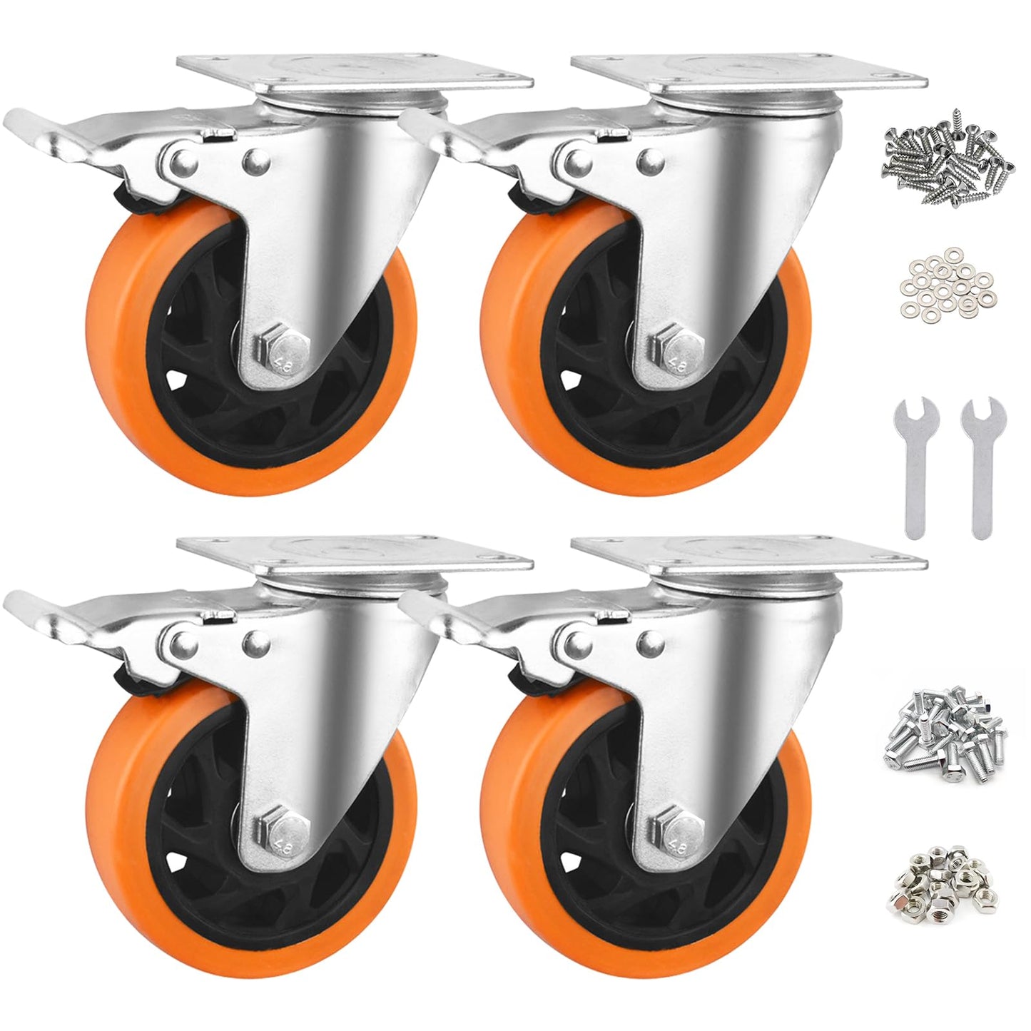 4 Inch Caster Wheels, Casters Set of 4 Heavy Duty Load 1800lb, Orange Polyurethane Swivel Casters with Brake, No Floor Marks Locking Castor Wheels for Cart Furniture Workbench (with Hardware Kits)