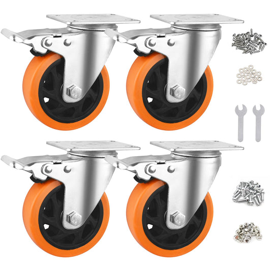 4 Inch Caster Wheels, Casters Set of 4 Heavy Duty Load 1800lb, Orange Polyurethane Swivel Casters with Brake, No Floor Marks Locking Castor Wheels for Cart Furniture Workbench (with Hardware Kits)