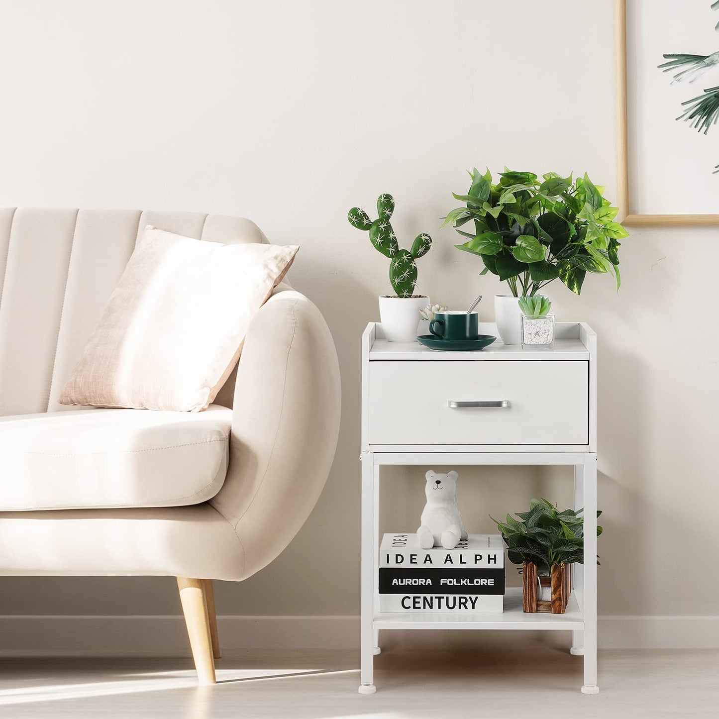 OYEAL White Nightstand, End Table with Charging Station 2-Tier Side Table with Drawer and Storage Shelf, Rustic Bedside Night Stand for Bedroom, Living Room, Easy Assembly, White