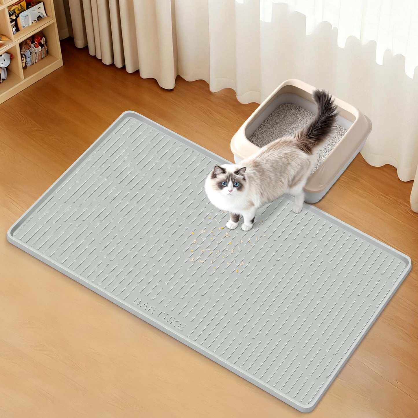 Bartuke Silicone Cat Litter Mat, 24" x 24" Large Cat Litter Box Mat Litter Trapping Mat for Scatter Control, Waterproof, Soft on Kitty Paws, Clean Floor (Grey)