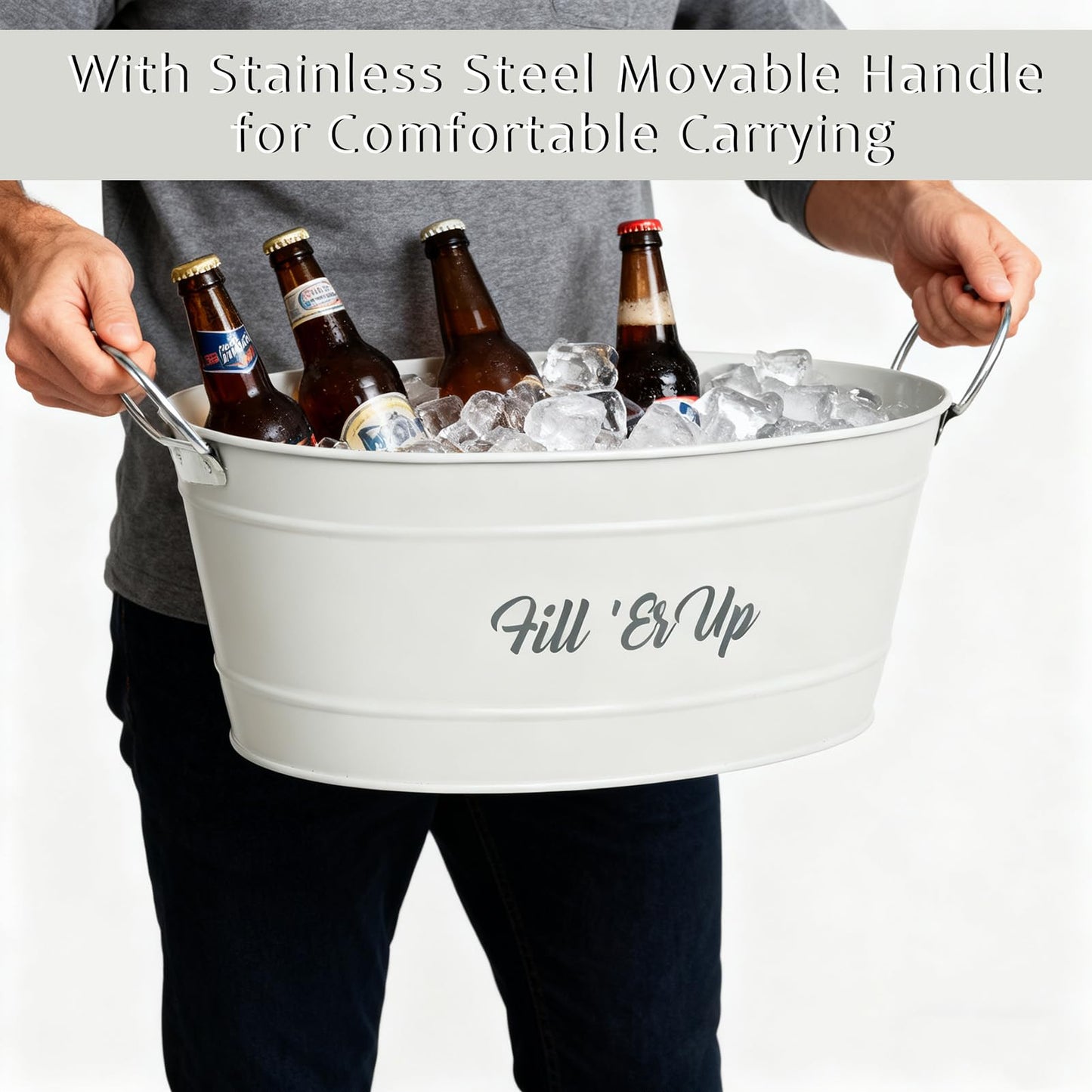 Annie Garden 2-Pack White Metal Ice Bucket, Beverage Cooler Tub with Stainless Steel Handle - Reinforced Ribbed Design, Silk-Screened Logo & Powder-Coated Surface for Party, Beverage Cooling & Storage